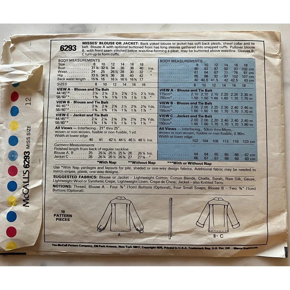 Vintage 1970's McCall's Pattern 6293 Women's Blouses Sz 12 Cut‎ Business Pro OOP